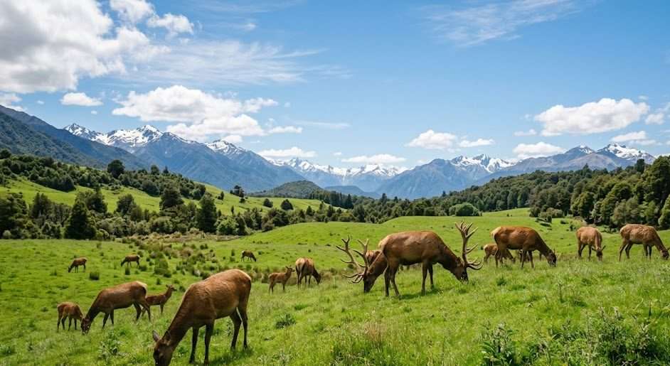 Free-range elk grazing in a lush green New Zealand pasture under an open sky