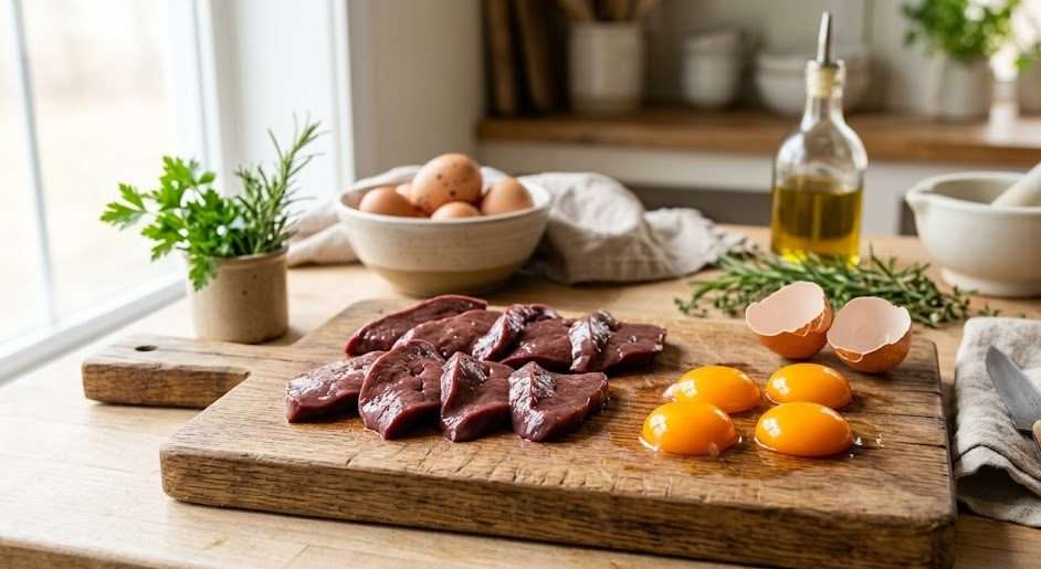 Fresh raw beef liver and pasture-raised egg yolks on a wooden cutting board