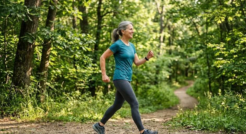 A healthy person walking on a nature trail in warm morning sunshine