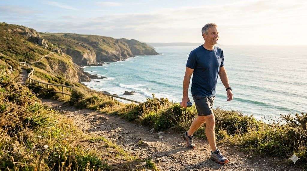 Fit middle-aged man walking a sunlit coastal trail, representing the 100 Year Heart Method and long-term cardiovascular wellness