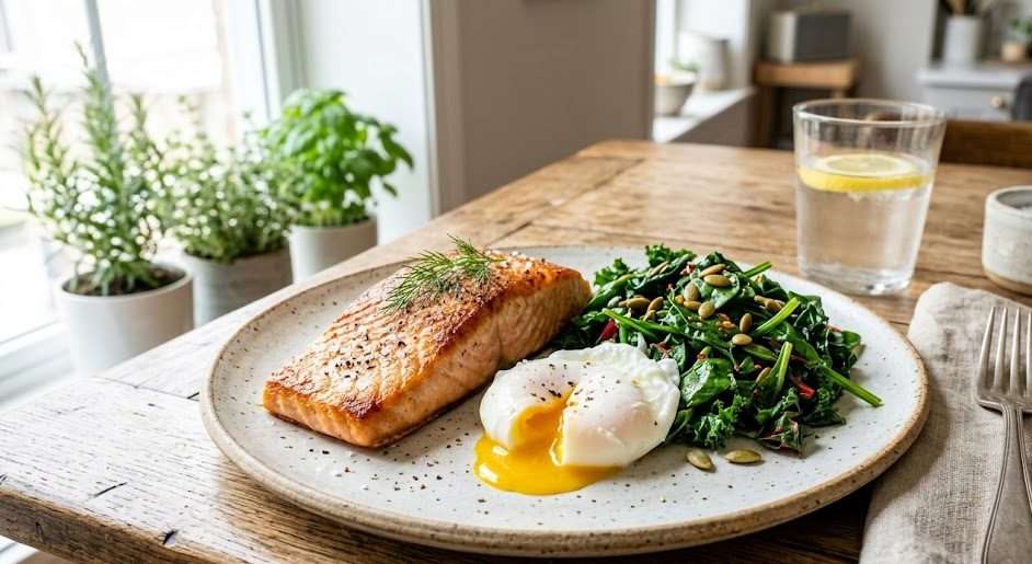 A plated whole-food meal with wild salmon, a soft-cooked egg, and sauteed greens