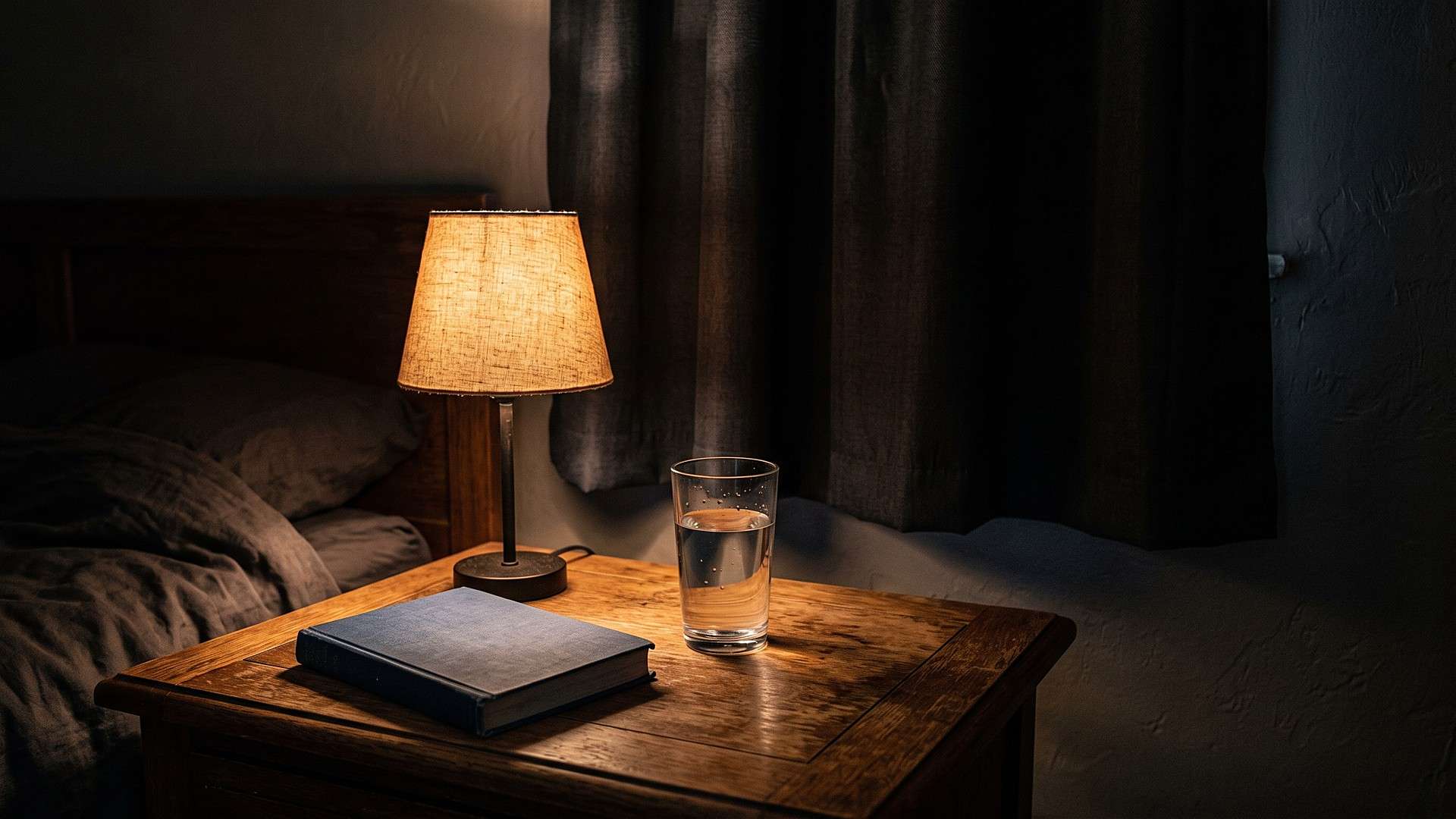Bedside table at night lit by a low warm amber lamp with a glass of water and a book