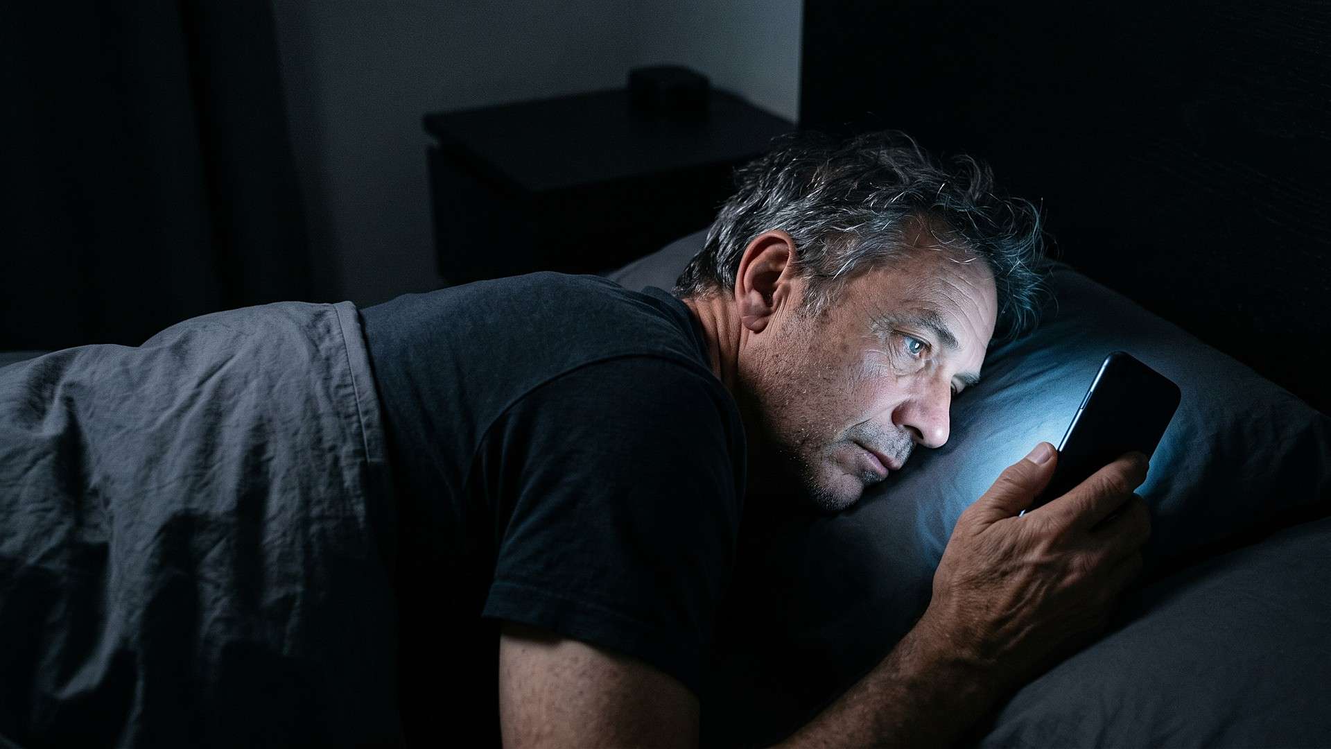 Man in his late fifties lying awake in a dark bedroom with his face lit by phone glow