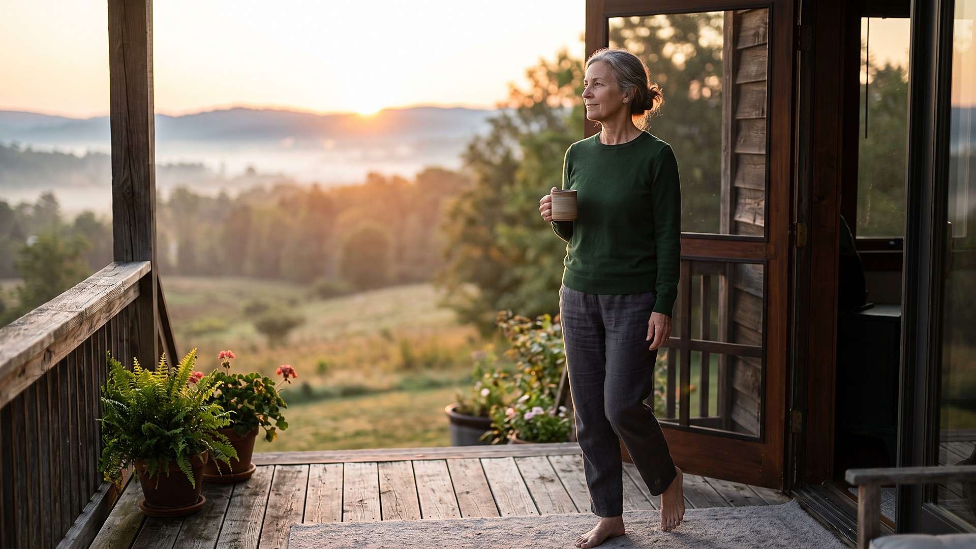 Woman in her late fifties stepping onto a porch at sunrise with morning light on her face